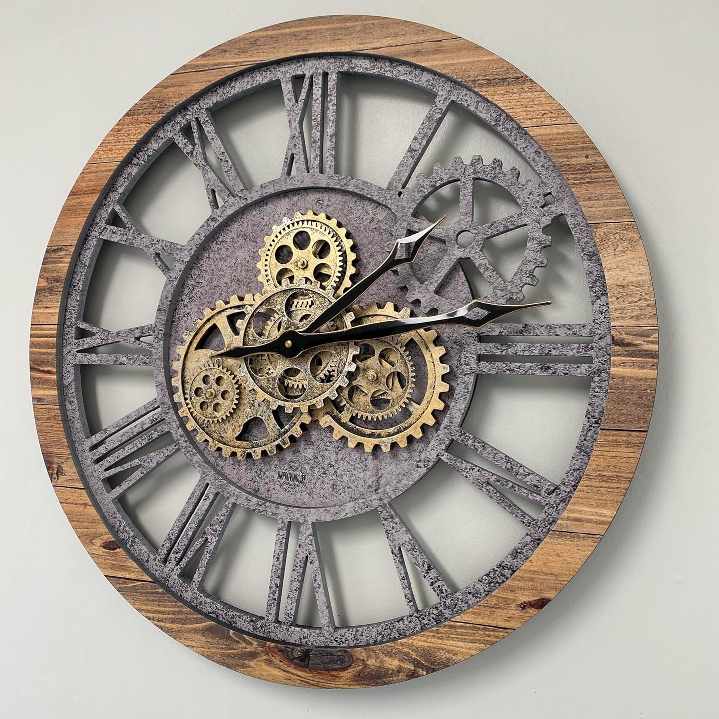 The Gears Clock The Original Real Moving Gear Wall Clock Vintage Industrial Oversized Rustic Farmhouse (24 inch (60cm),Wood&Stone)