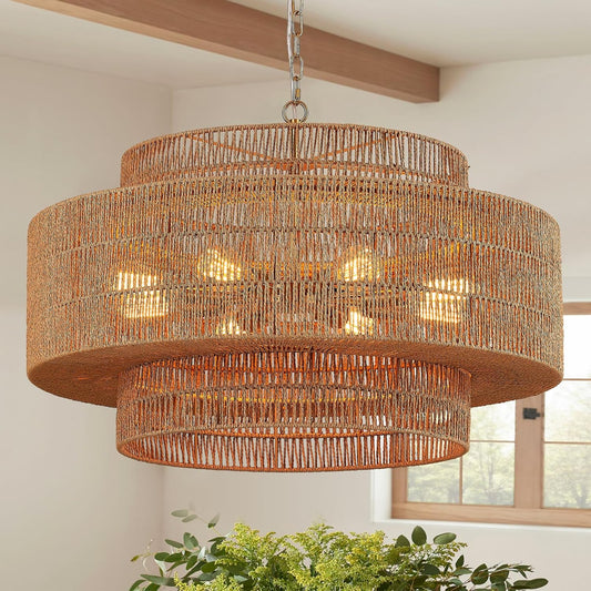 30” Large Rattan Chandelier Light Fixture 8-Light Vintage Farmhouse Hand-Woven Boho Bamboo Rattan Chandelier 3-Tier Drum Wicker Gold Chandeliers for Dining Room, Kitchen, Living Room