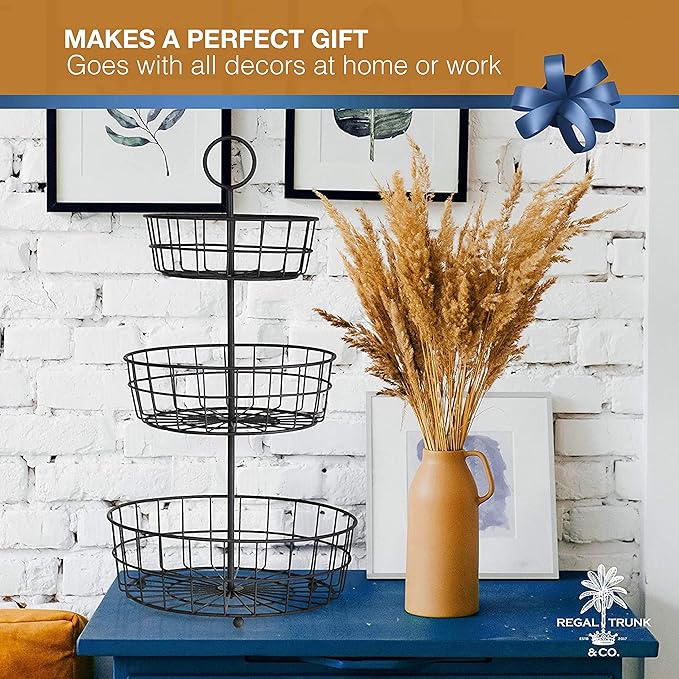 REGAL TRUNK & CO. 3 Tier Fruit Basket, Elegant French Country Wire Baskets, Three Tiered Wire Basket Stand for Vegetables, Bread & More for Countertop or Hanging, Christmas or Birthday Present