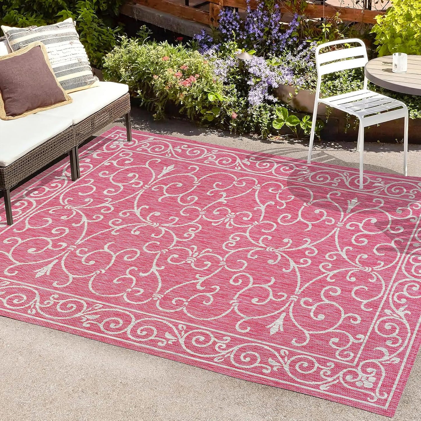 JONATHAN Y Vintage Filigree Indoor Outdoor Area Rug 8X10 Fuchsia/Light Gray, Charleston Textured Weave for Backyard, Patio, Porch, Easy-Cleaning, High Traffic, Pet-Friendly, Non-Shedding (SMB106J-8)