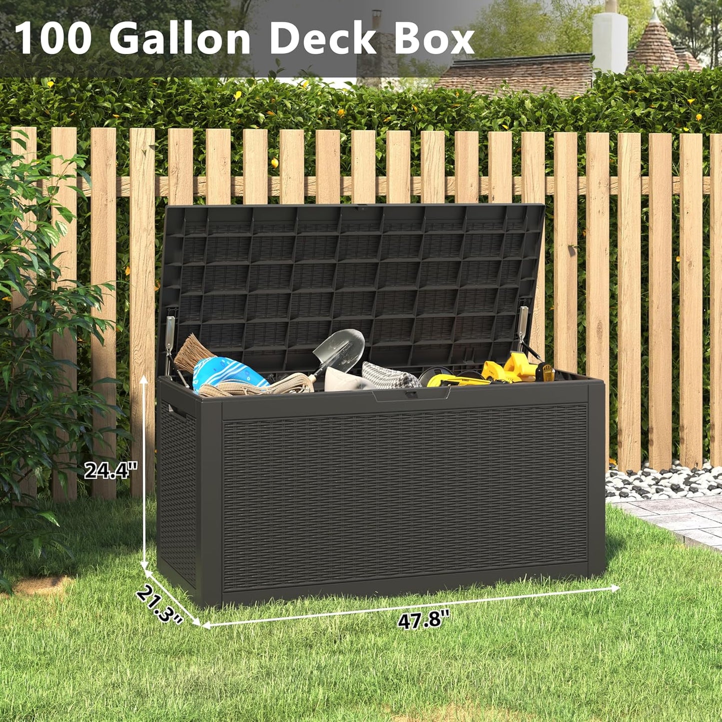 NUNU LAB 102 Gallon Large Waterproof Resin Deck Box, Lockable Outdoor Storage Box with Gas Lift, Patio Cushions, Garden Tools, Pool Supplies, Indoor Outdoor Storage Container, Black