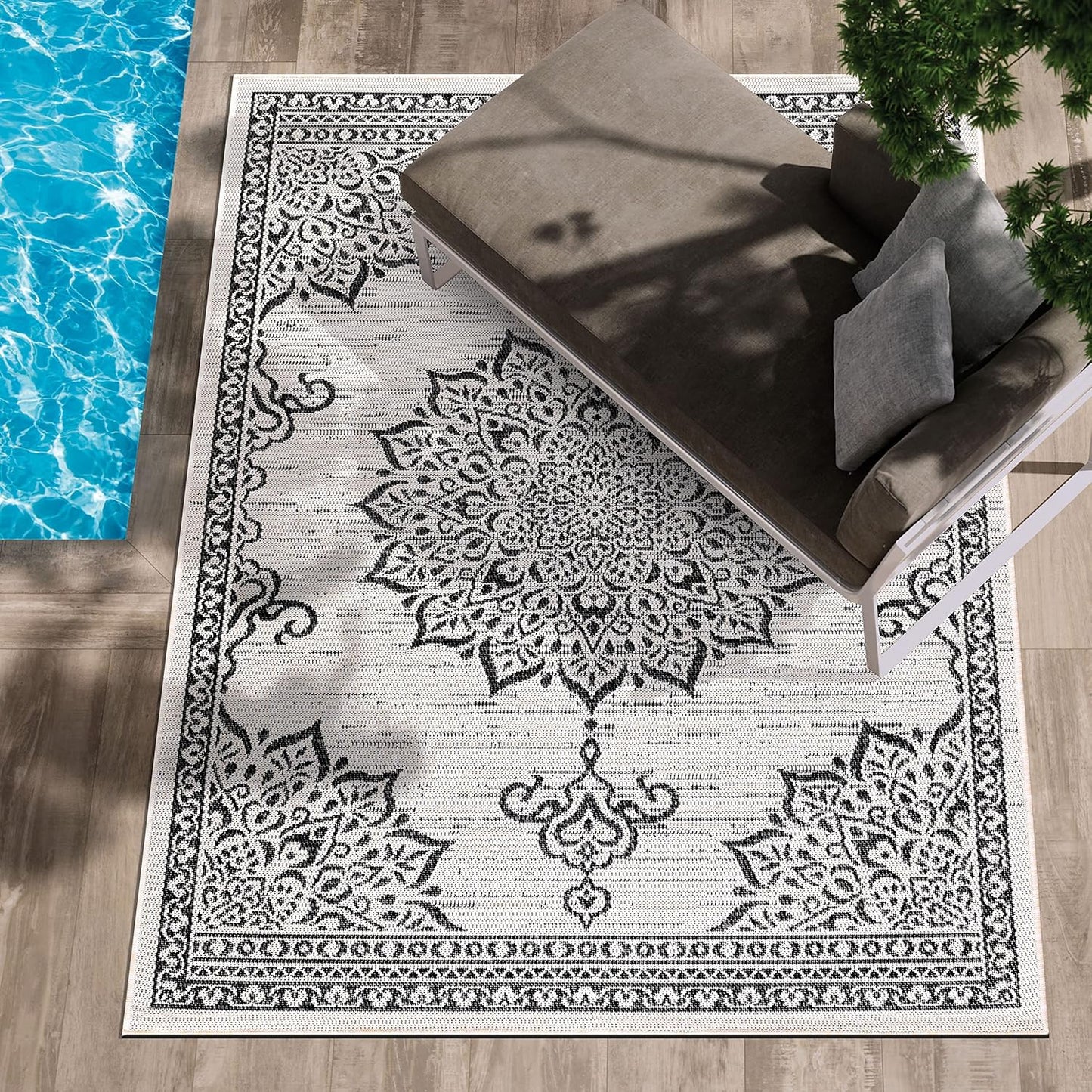 CAMILSON Outdoor Rug, 8x10 Medallion White Black Modern Area Rugs for Indoor and Outdoor Patios, Kitchen and Hallway Mats, Washable Porch Deck Outside Carpet (Medallion White, 8 x 10)