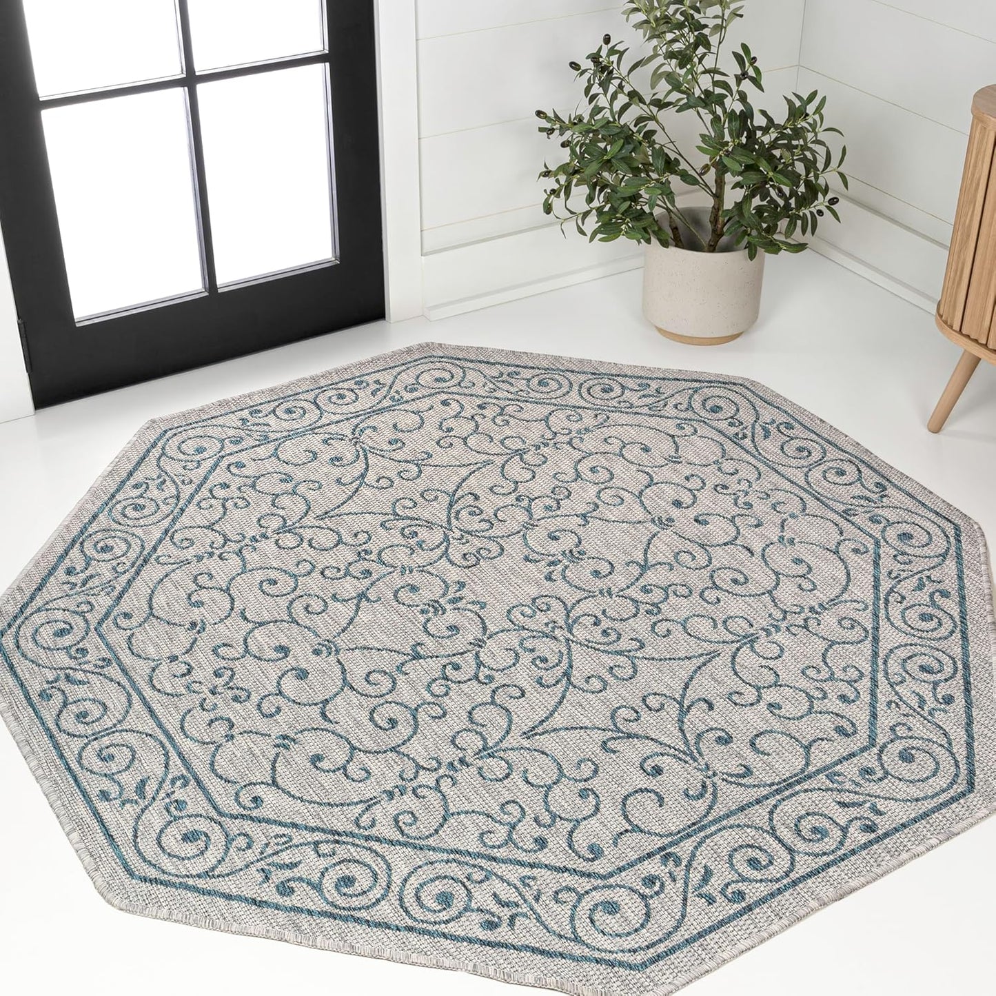 JONATHAN Y Vintage Filigree Indoor Outdoor Octagon Area Rug 5 Ft Gray/Teal, Charleston Textured Weave for Backyard, Patio, Porch, Easy-Cleaning, High Traffic, Pet-Friendly, Non-Shedding SMB106E-5TGN
