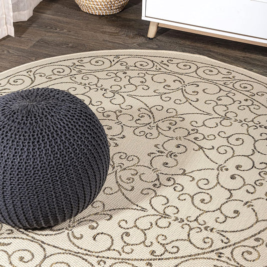 JONATHAN Y Vintage Filigree Indoor Outdoor Round Area Rug 5 Ft Beige/Brown, Charleston Textured Weave for Backyard, Patio, Porch, Easy-Cleaning, High Traffic, Pet-Friendly, Non-Shedding (SMB106A-5R)