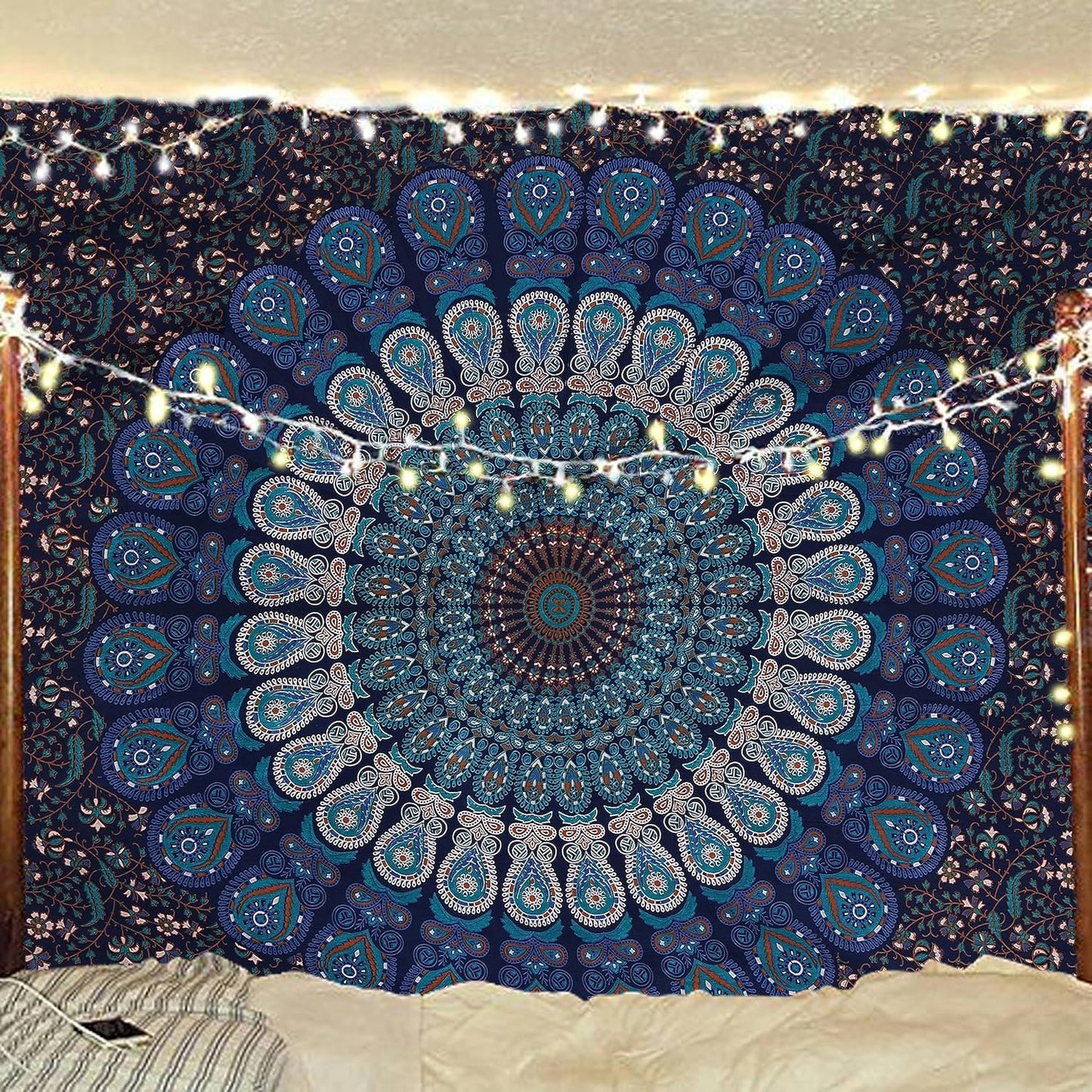 Bless International Handmade Indian hippie Bohemian Psychedelic Peacock Mandala Wall hanging College Dorm Beach Throws Table Cloth Bedding Tapestry (Blue Green, Medium(54x60Inches)(137x152cms))