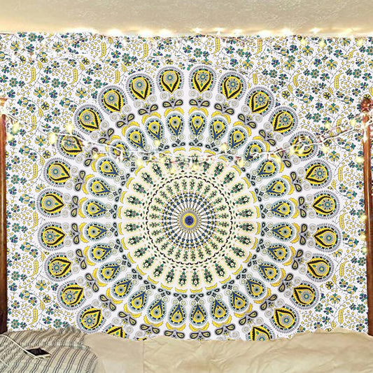 Bless International Handmade Indian hippie Bohemian Psychedelic Peacock Mandala Wall hanging College Dorm Beach Throws Table Cloth Bedding Tapestry (Yellow Green, Twin(54x72Inches)(140x185cms))