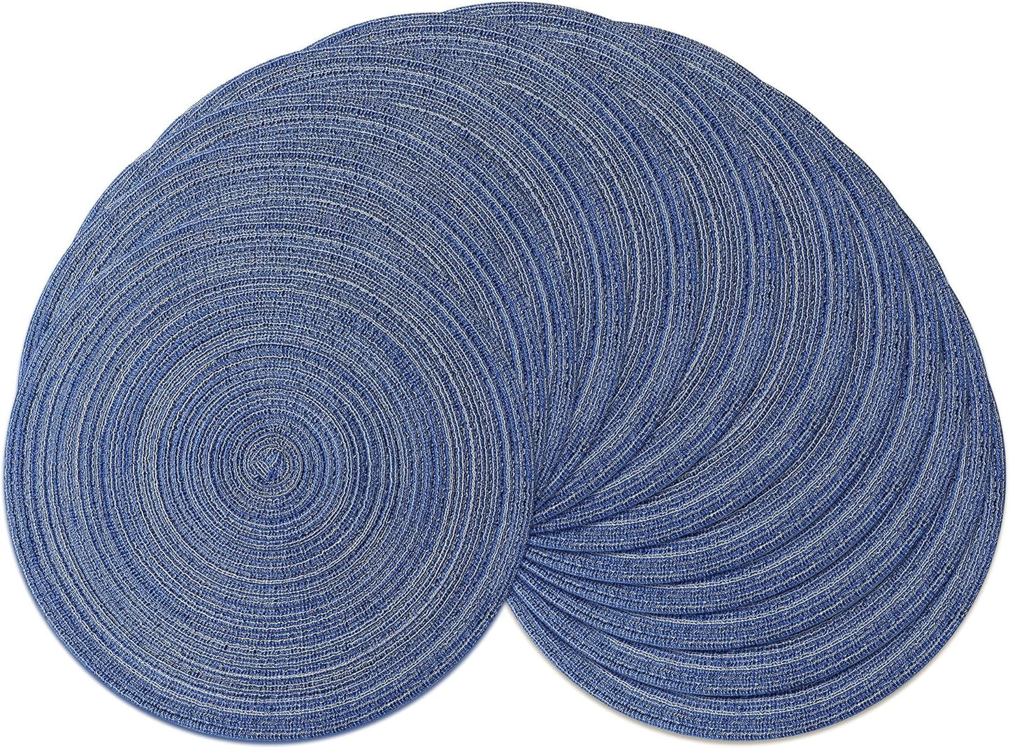 Leetaltree Round Placemats Heat and Slip Resistant Cotton Table Mats, Washable Bohemian Placemats for Dining Tables (Denim Blue, Set of 12)