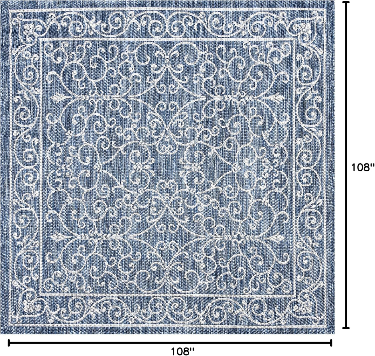 JONATHAN Y Vintage Filigree Indoor Outdoor Square Area Rug 9X9 Navy/Gray, Charleston Textured Weave for Backyard, Patio, Porch, Easy-Cleaning, High Traffic, Pet-Friendly, Non-Shedding (SMB106D-9SQ)