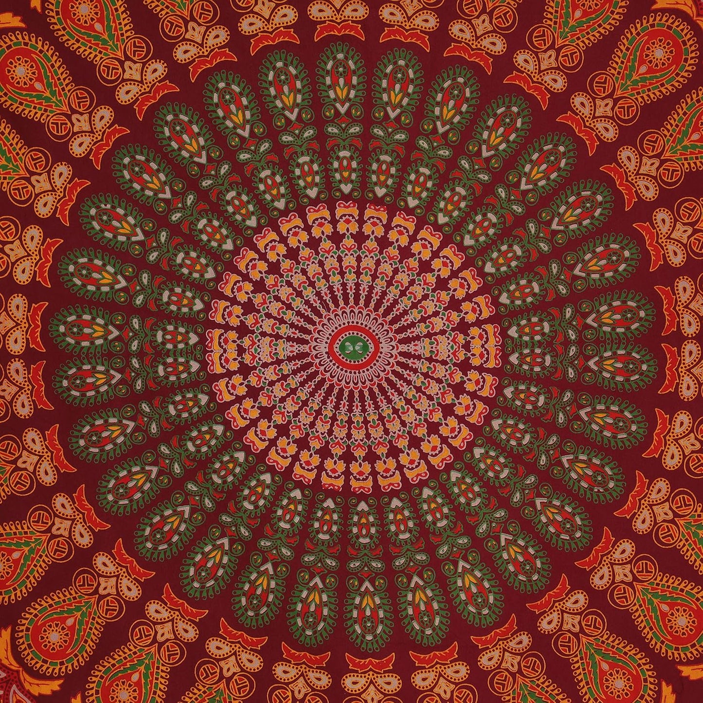 Bless International Handmade Indian hippie Bohemian Psychedelic Peacock Mandala Wall hanging College Dorm Beach Throws Table Cloth Bedding Tapestry (Maroon Yellow, King(88x104Inches)(225x265Cms))