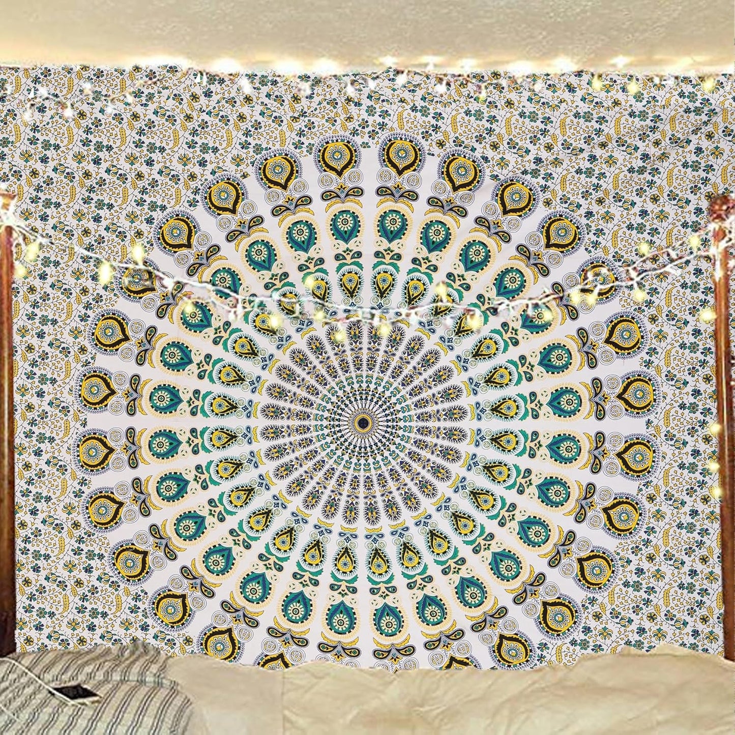 Bless International Handmade Indian hippie Bohemian Psychedelic Peacock Mandala Wall hanging College Dorm Beach Throws Table Cloth Bedding Tapestry (Yellow Green, Queen(84x90Inches)(215x230Cms))