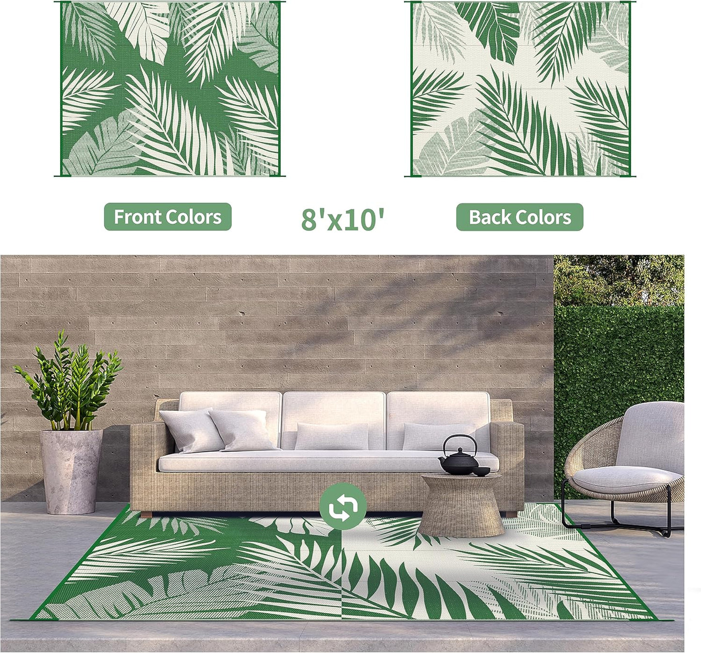 GENIMO Outdoor Rug 8' x 10' Waterproof for Patios Clearance, Reversible Outdoor Plastic Straw Camping Rug Carpet, Large Area Rugs Mats for RV, Picnic, Backyard, Deck, Balcony, Porch, Dark Green&White