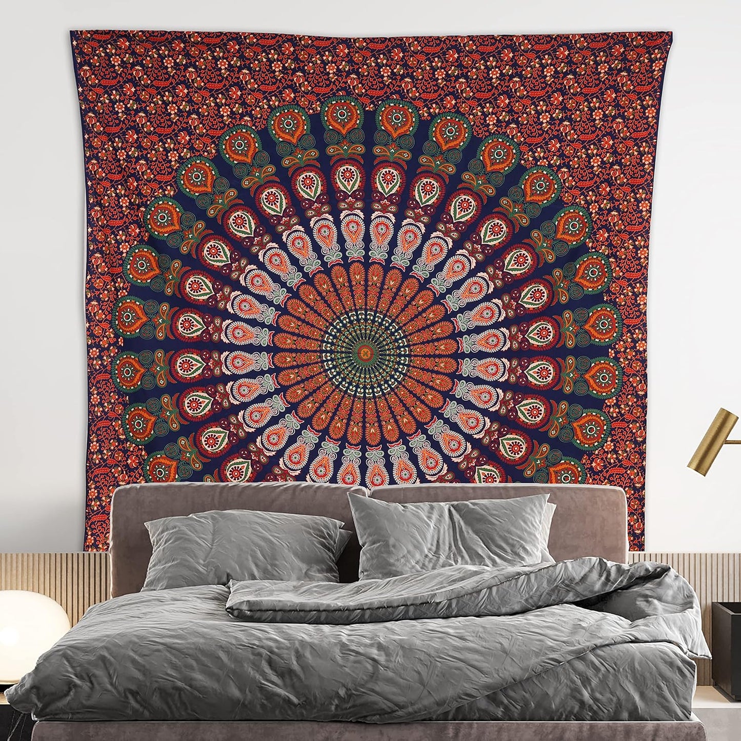 Bless International Handmade Indian hippie Bohemian Psychedelic Peacock Mandala Wall hanging College Dorm Beach Throws Table Cloth Bedding Tapestry (Golden Red Green, Queen(84x90Inches)(215x230Cms))