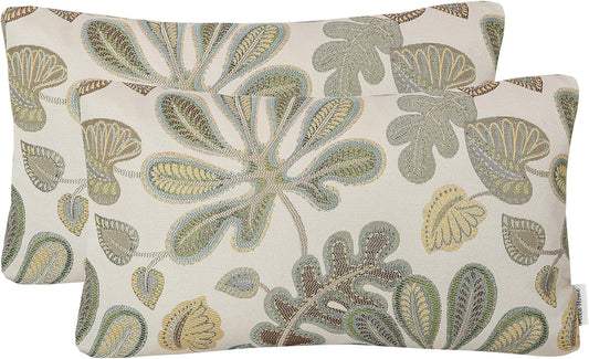 Set of 2 Jacquard Tropical Leaf Pattern Oblong Throw Pillow Covers Accent Pillowcase 12X20 Inches,Green Cream