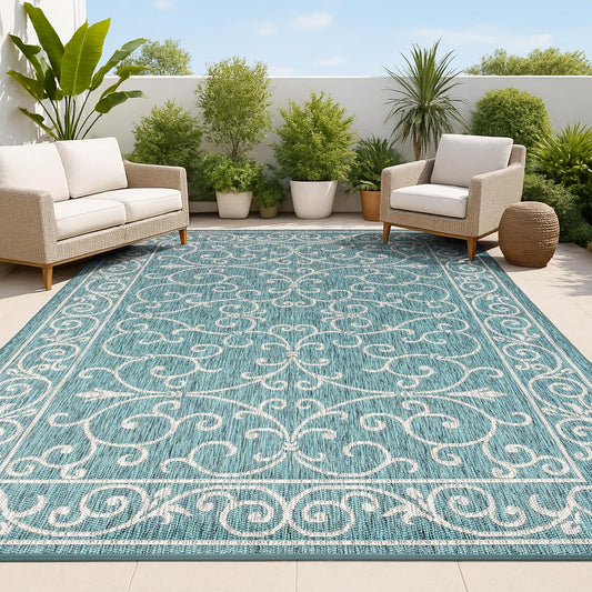 JONATHAN Y Vintage Filigree Indoor Outdoor Area Rug 8X10 Teal/Gray, Charleston Textured Weave for Backyard, Patio, Porch, Easy-Cleaning, High Traffic, Pet-Friendly, Non-Shedding (SMB106F-8)