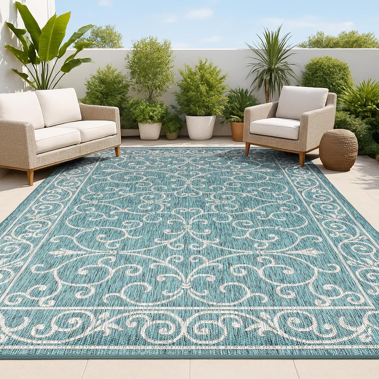 JONATHAN Y Vintage Filigree Indoor Outdoor Area Rug 5X8 Teal/Gray, Charleston Textured Weave for Backyard, Patio, Porch, Easy-Cleaning, High Traffic, Pet-Friendly, Non-Shedding (SMB106F-5)