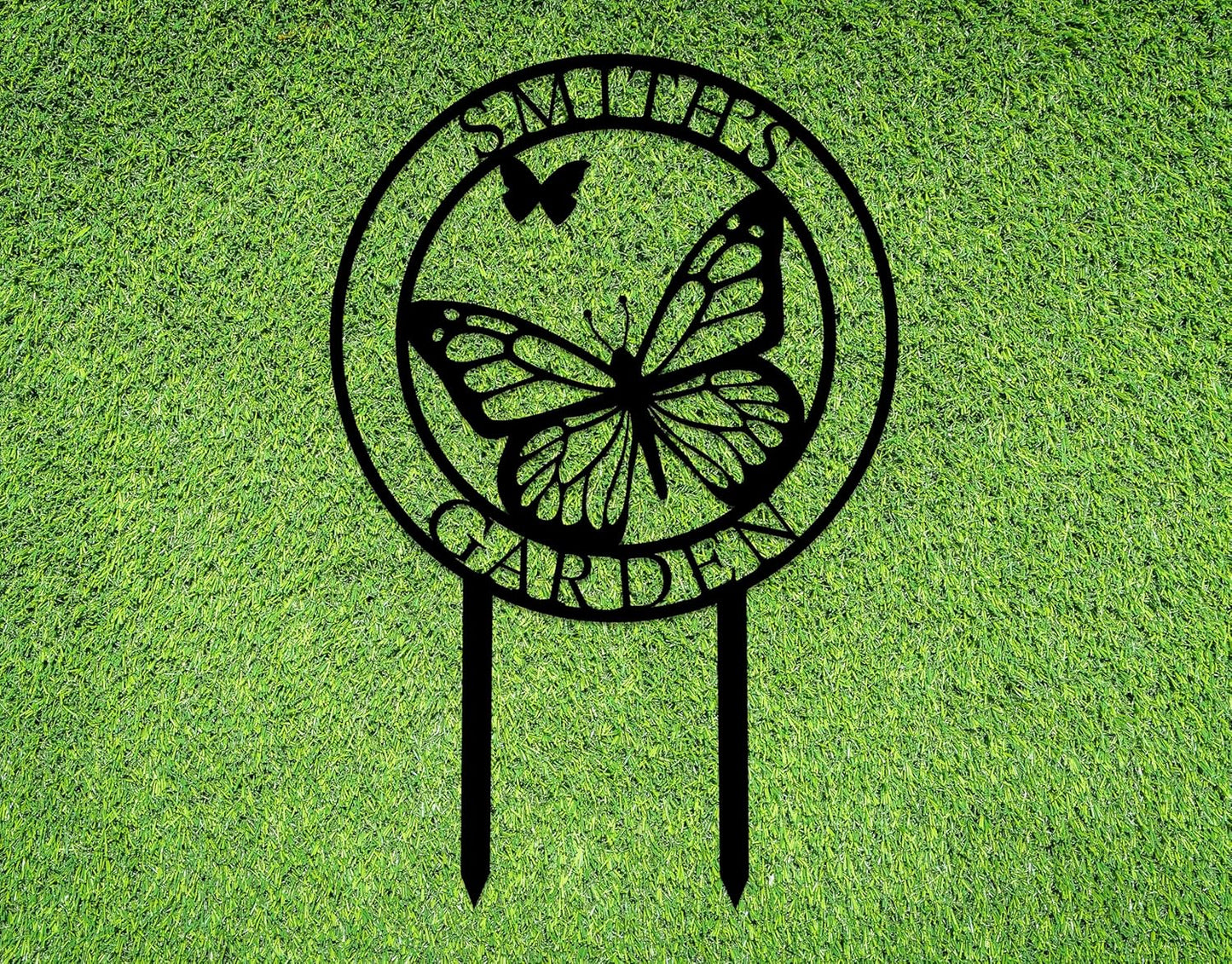 Custom Butterfly Metal Garden Sign with Stakes, Metal Yard Art, Personalized Butterfly Home Garden Decor, Garden Family Name Sign for Outdoor New Home Gift for Outside, Patio Decor, Housewarming Gift