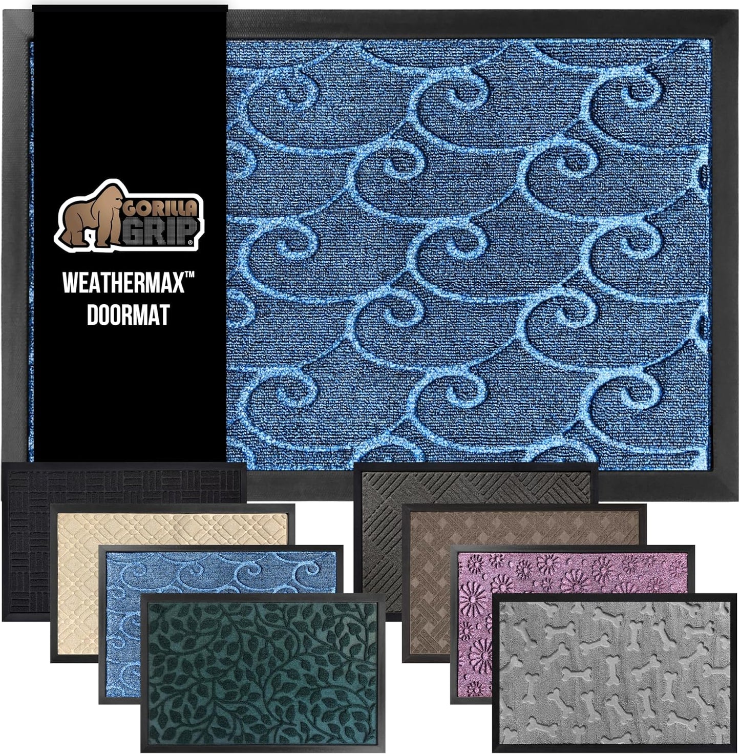 GORILLA GRIP 100% Waterproof All-Season WeatherMax Doormat, 47x35, US Designed Natural Rubber, Stain and Fade Resistant, Low Profile Indoor Outdoor Door Mats, Easy Clean Patio Mat, Ocean Blue Waves