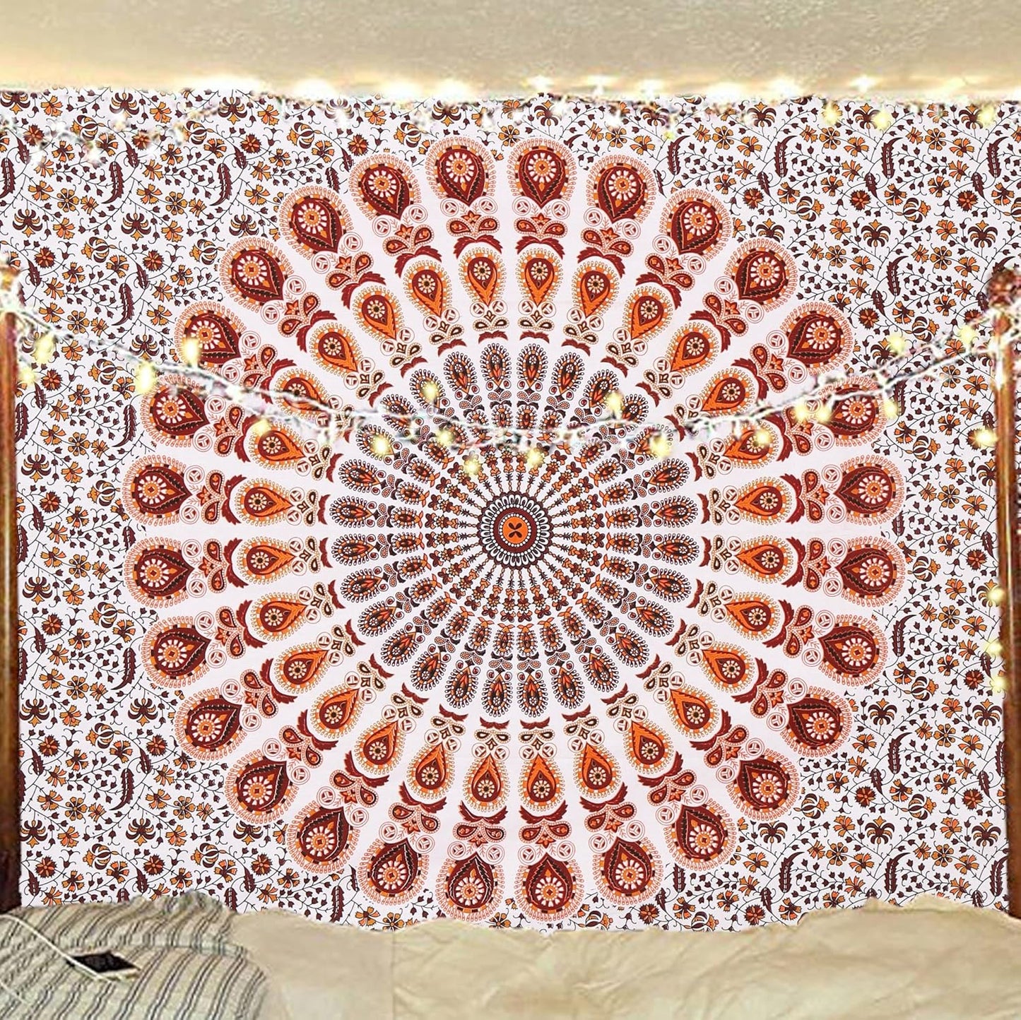 Bless International Handmade Indian hippie Bohemian Psychedelic Peacock Mandala Wall hanging College Dorm Beach Throws Table Cloth Bedding Tapestry (Orange Brown, Poster(30x40Inches)(76x101cms))