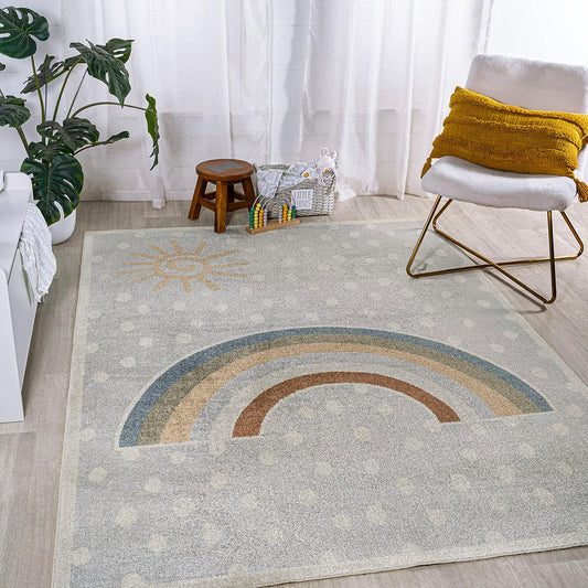 JONATHAN Y Machine-Washable Gray/Ivory/Yellow Indoor Area Rug, 4x6, Minha Rainbow Dots, Kids & Novelty, Casual, Classic, Bedroom, Kitchen, Living Room, Easy-Cleaning, Non-Shedding (KDW102A-4)