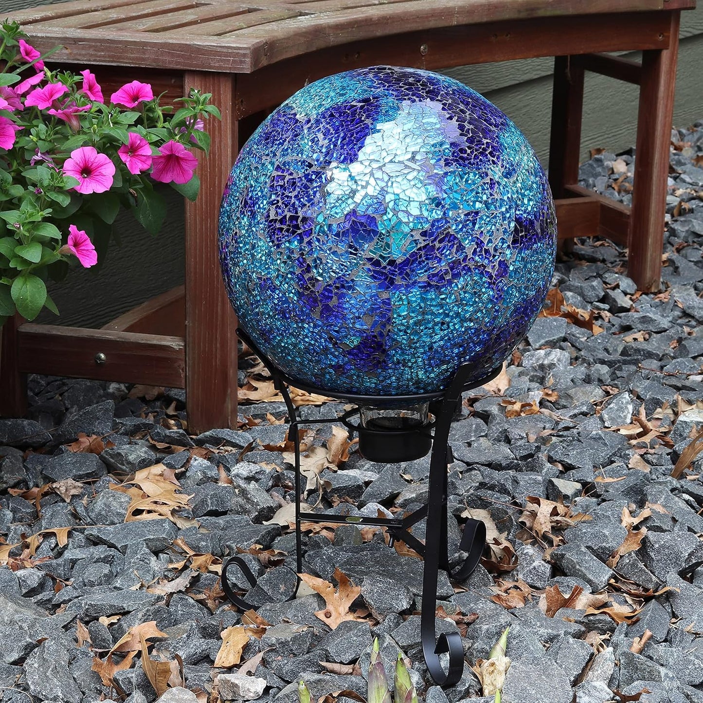 Sunnydaze 10-inch Gazing Ball for Garden - Crackled Glass Mosaic Gazing Globe for Outside - Deep Ocean Swirl Mosaic