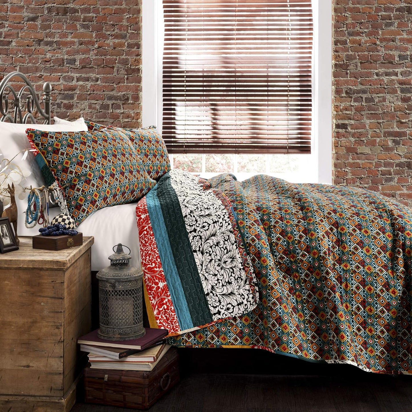 Lush Decor Boho Stripe Reversible Cotton Quilt 3-Piece Set, Full/ Queen, Turquoise & Tangerine - Bold Colorful Bohemian Bedding Set