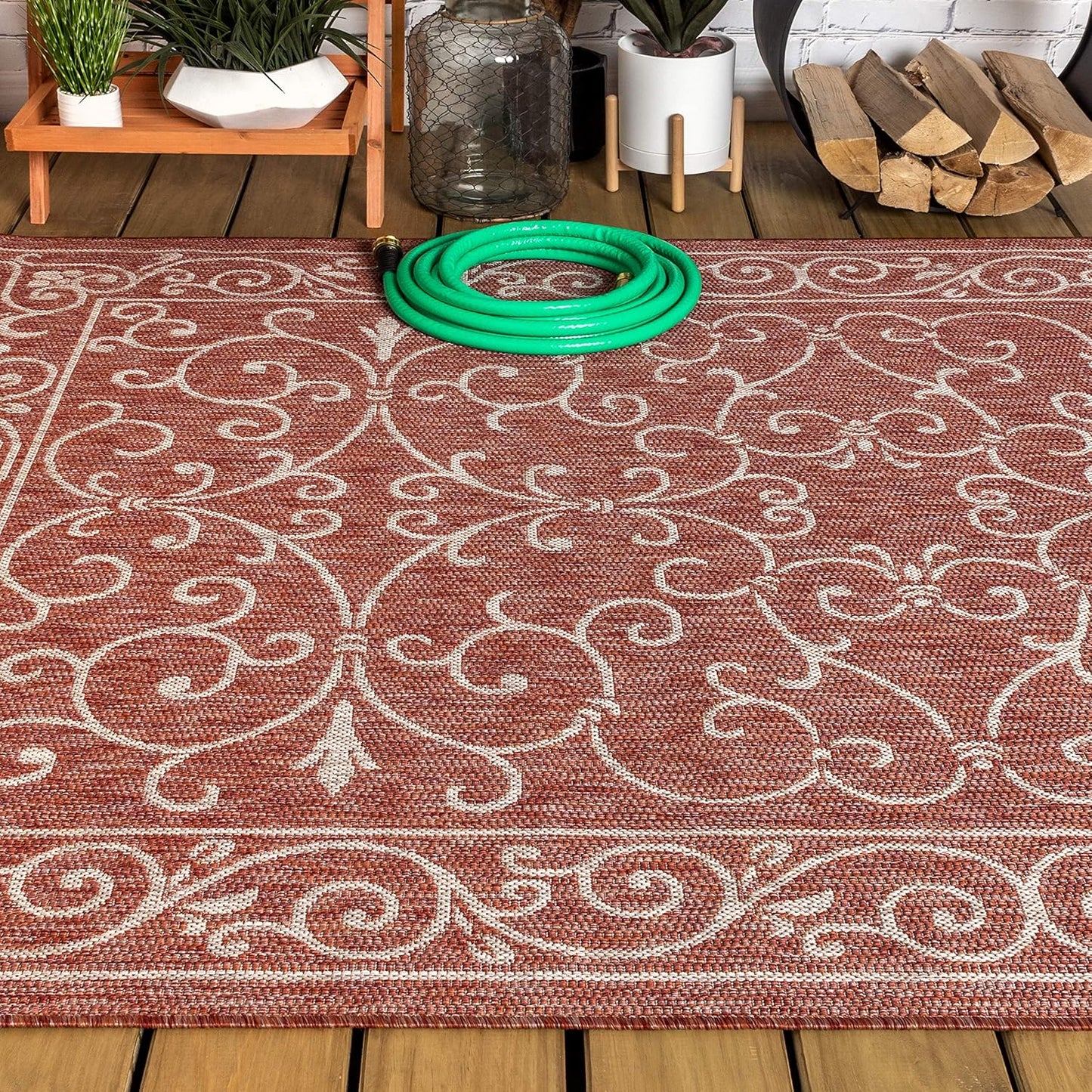 JONATHAN Y Vintage Filigree Indoor Outdoor Area Rug 9X12 Red/Beige, Charleston Textured Weave for Backyard, Patio, Porch, Easy-Cleaning, High Traffic, Pet-Friendly, Non-Shedding (SMB106B-9)