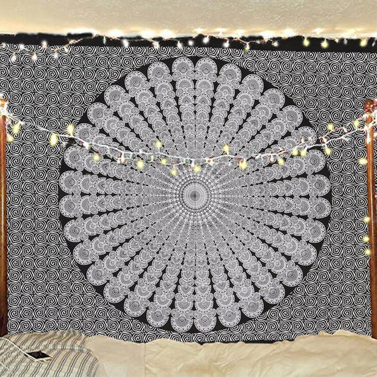 Bless International Handmade Indian hippie Bohemian Psychedelic Peacock Mandala Wall hanging College Dorm Beach Throws Table Cloth Bedding Tapestry (Black White, Twin(54x72Inches)(140x185cms))