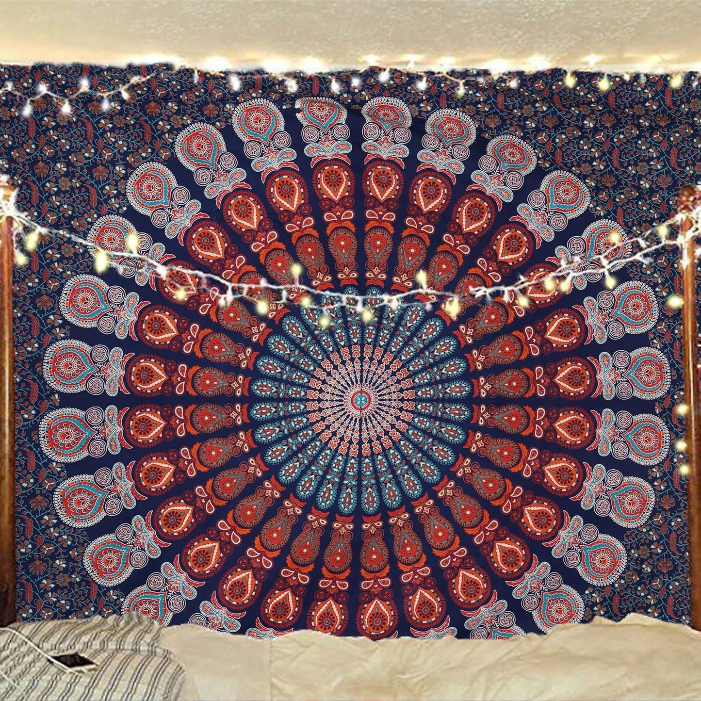Bless International Handmade Indian hippie Bohemian Psychedelic Peacock Mandala Wall hanging College Dorm Beach Throws Table Cloth Bedding Tapestry (Golden Blue White, King(88x104Inches)(225x265Cms))