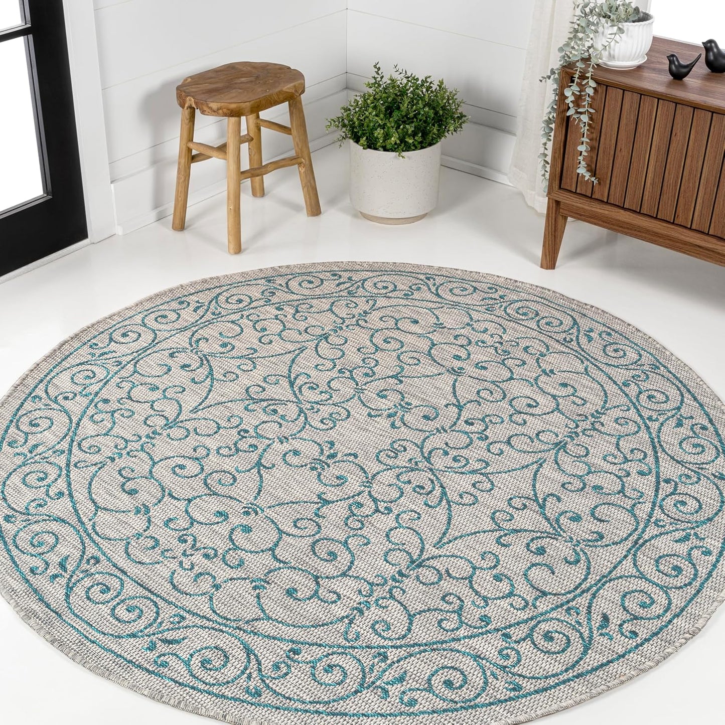 JONATHAN Y Vintage Filigree Indoor Outdoor Round Area Rug 9 Ft Gray/Teal, Charleston Textured Weave for Backyard, Patio, Porch, Easy-Cleaning, High Traffic, Pet-Friendly, Non-Shedding (SMB106E-9R)