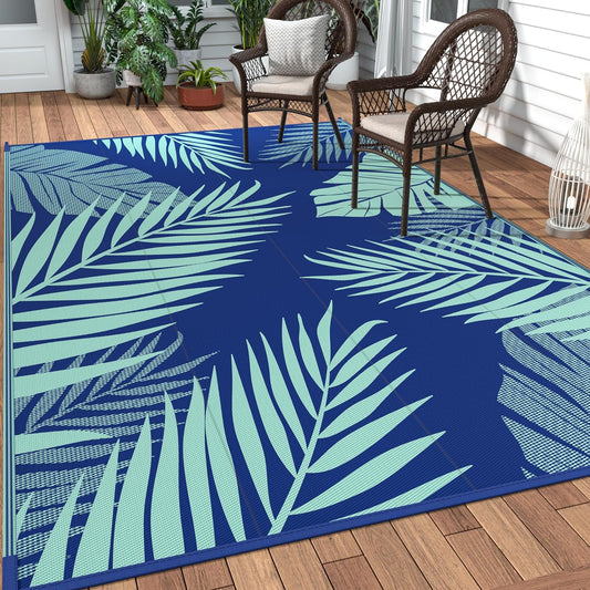 GENIMO Outdoor Rug 8' x 10' Waterproof for Patios Clearance, Reversible Outdoor Plastic Straw Camping Rug Carpet, Large Area Rugs Mats for RV, Camper, Deck, Balcony, Porch, Beach Royal Blue&Blue Green