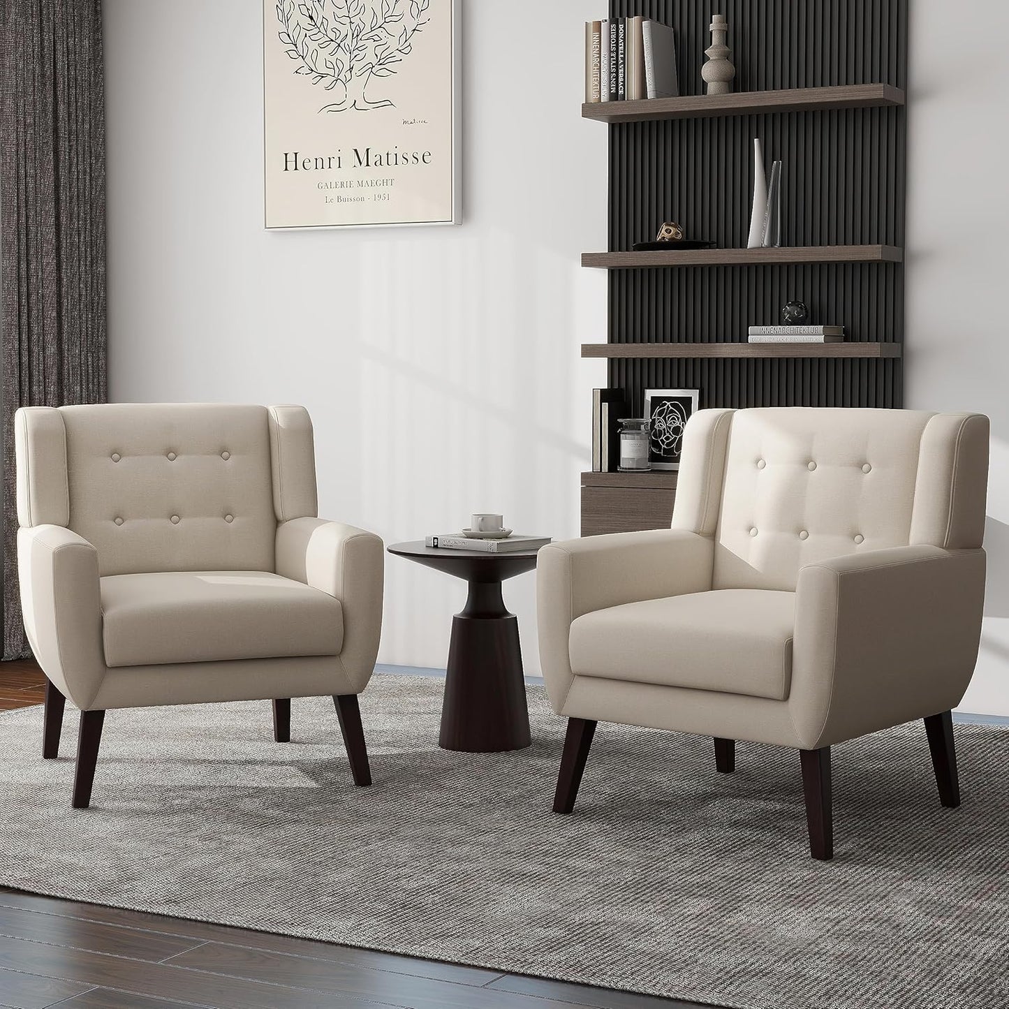 UIXE Accent Chair, Modern Upholstered Armchair in Fabric for Living Room, Comfy Club Arm Chairs Single Sofa Button Tufted Bedroom Reading Seat - White, Set of 1