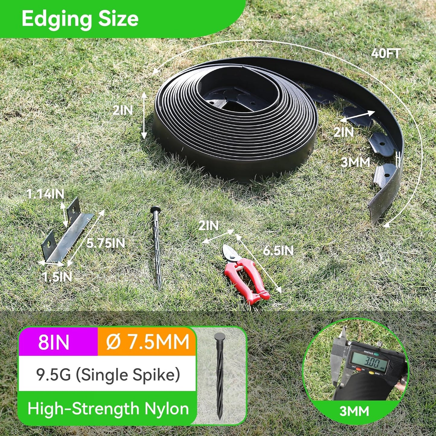2" Tall 40ft No Dig Landscape Edging Border with 60PCS 8" Plastic Spikes & 4 PCS Connectors - Garden Lawn Edging Kit with a Shears for Landscaping, Lawn, Flower Beds and Yard