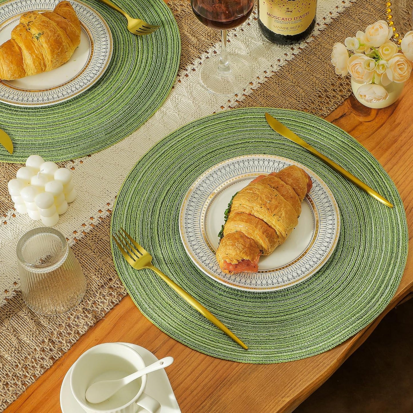 Leetaltree Round Placemats Heat and Slip Resistant Cotton Table Mats, Washable Bohemian Placemats for Dining Tables (Sage Green, Set of 12)