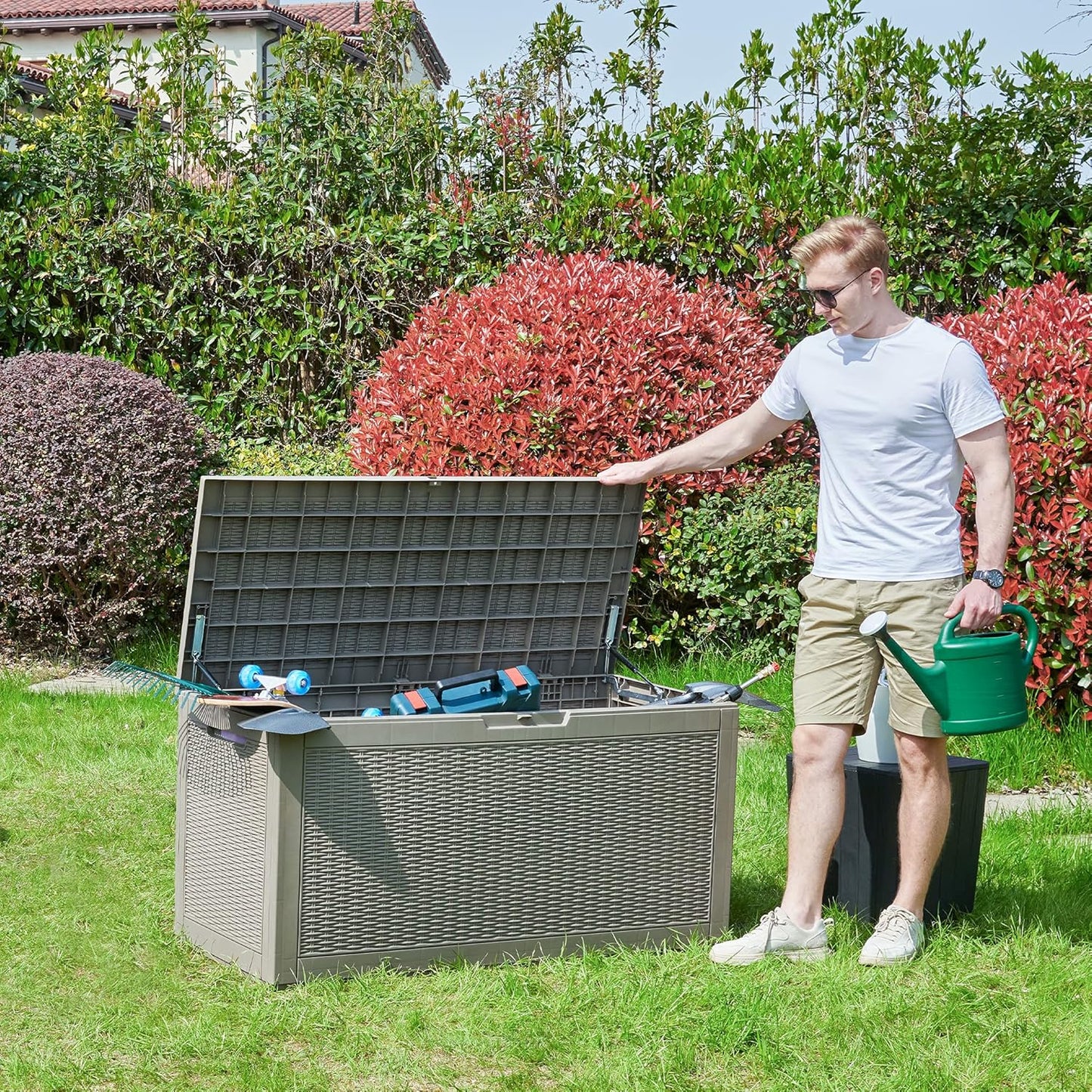 YITAHOME 100 Gallon Large Resin Deck Box Outdoor Storage Boxes for Patio Furniture, Outdoor Cushions, Garden Tools and Pool Supplies-Waterproof,Lockable (Taupe)