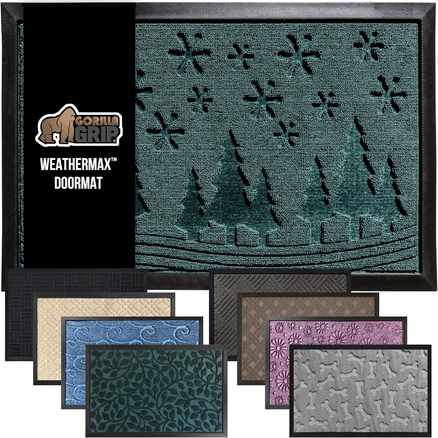 GORILLA GRIP 100% Waterproof All-Season WeatherMax Doormat, 47x35, US Designed Natural Rubber, Stain and Fade Resistant, Low Profile Indoor Outdoor Door Mats, Easy Clean Patio Mat, Green Snowscape