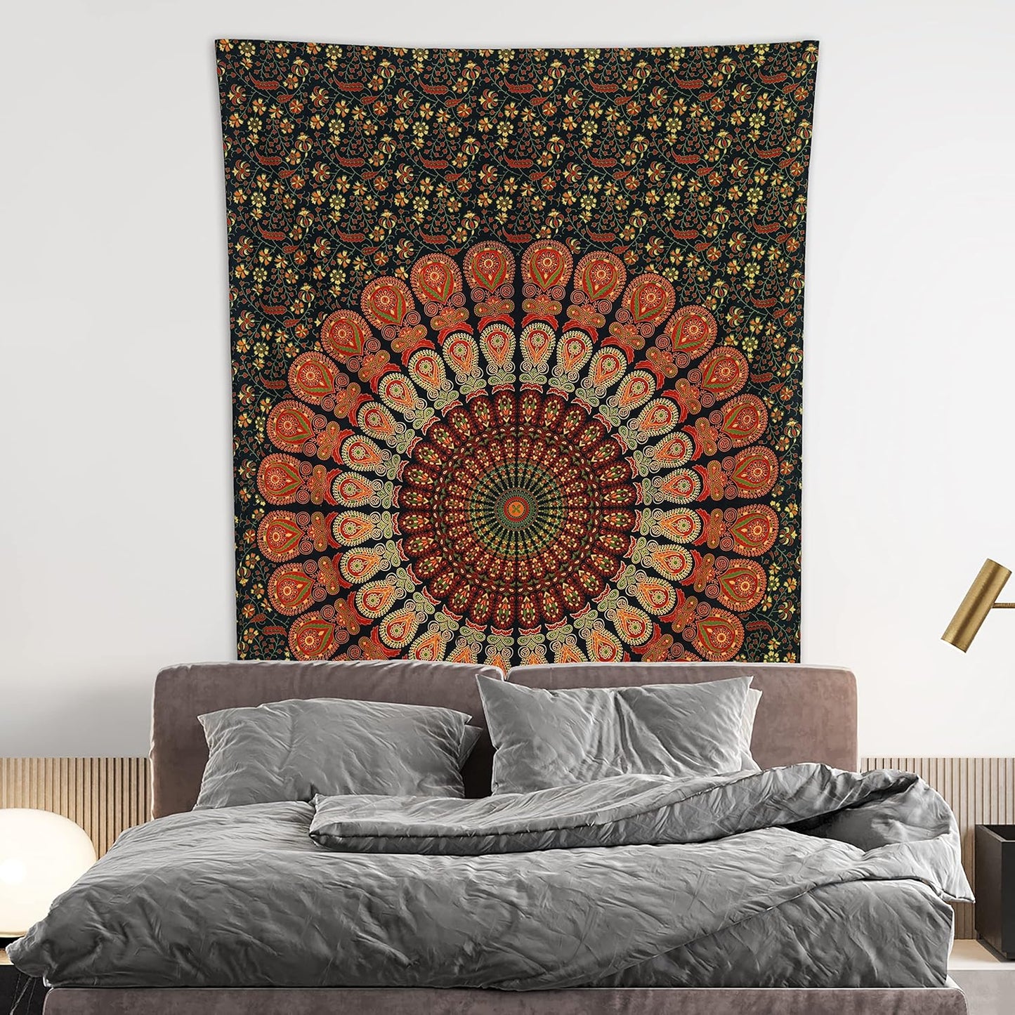 Bless International Handmade Indian hippie Bohemian Psychedelic Peacock Mandala Wall hanging College Dorm Beach Throws Table Cloth Bedding Tapestry (Golden Green, Medium(54x60Inches)(137x152cms))