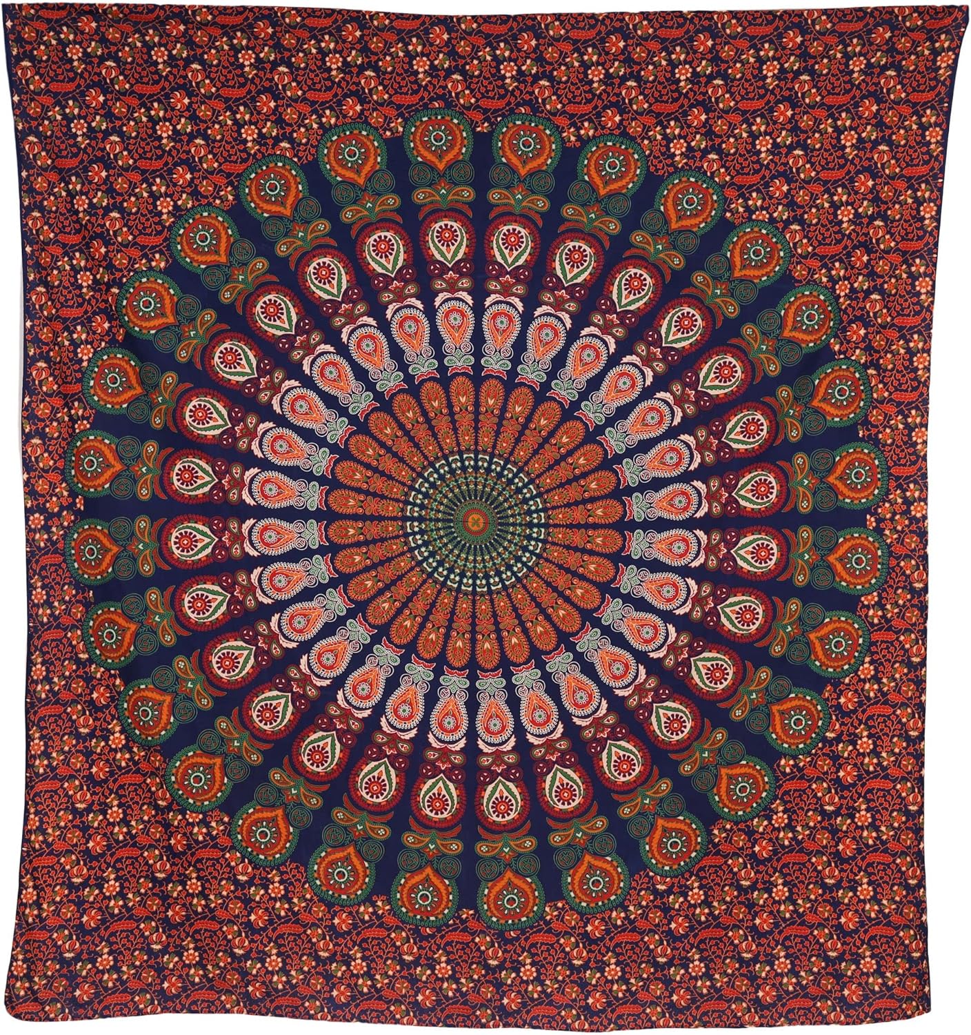 Bless International Handmade Indian hippie Bohemian Psychedelic Peacock Mandala Wall hanging College Dorm Beach Throws Table Cloth Bedding Tapestry (Golden Red Green, Queen(84x90Inches)(215x230Cms))