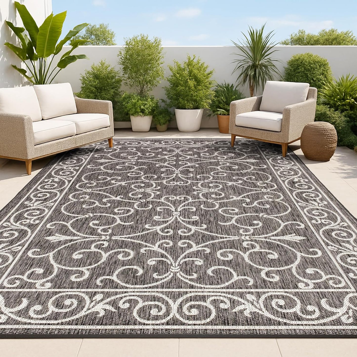 JONATHAN Y Vintage Filigree Indoor Outdoor Area Rug 9X12 Black/Gray, Charleston Textured Weave for Backyard, Patio, Porch, Easy-Cleaning, High Traffic, Pet-Friendly, Non-Shedding (SMB106G-9)