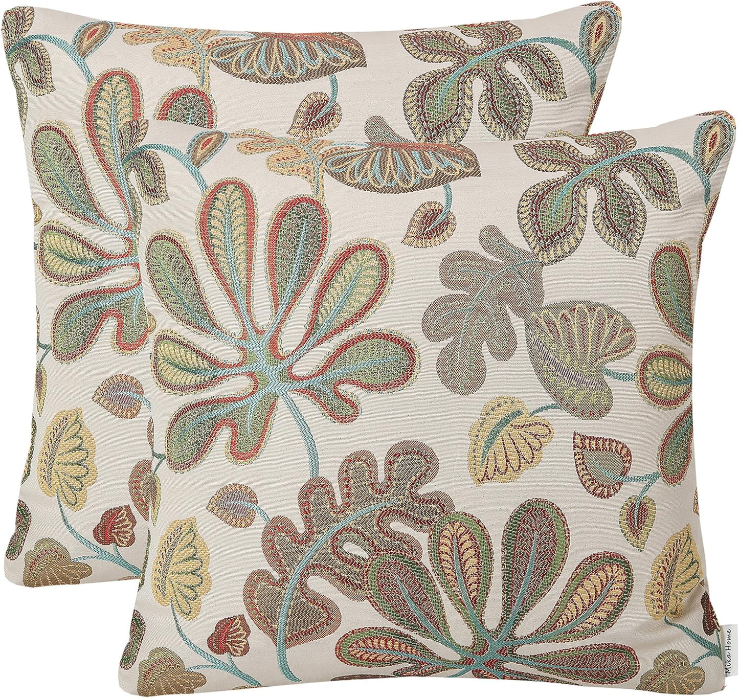 Set of 2 Jacquard Tropical Leaf Pattern Throw Pillow Covers Decorative Pillowcase 22X22 Inches,Teal Cream
